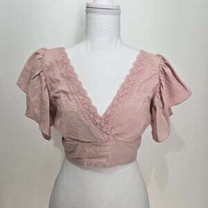 Love Tree Womens Coquette Crop Top Sz M Lace Trim Smocked Lace Feminine Festival